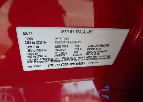 2022 Tesla Model Y Performance Dual Motor All-Wheel Drive из США, поврежденный, VIN 7SAYGDEF3NF403825